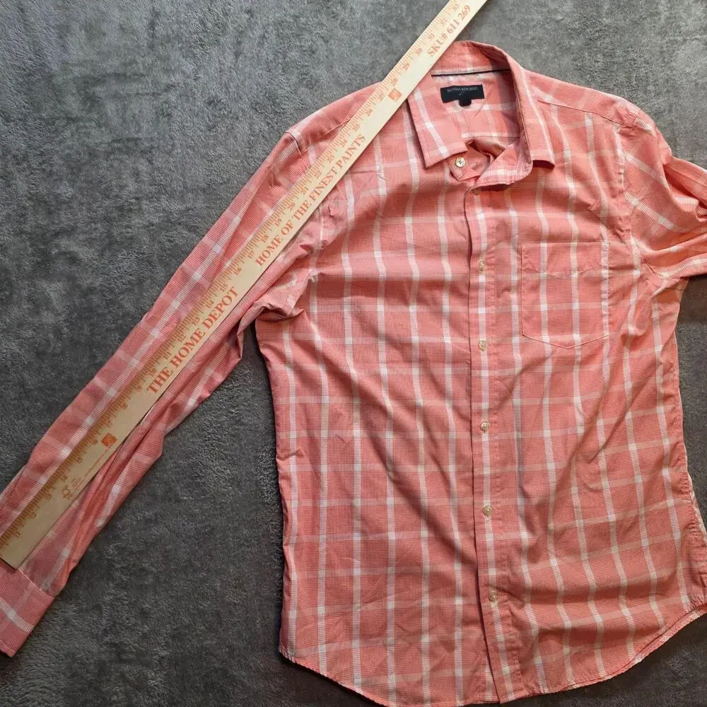 Banana Republic Dress Shirt Mens 16.5 34/35 Pink Plaid Non Iron Slim Fit Cotton